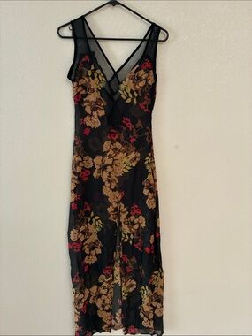 HAODUOYI Black Floral Mesh Midi Dress with Brown and Red Accents